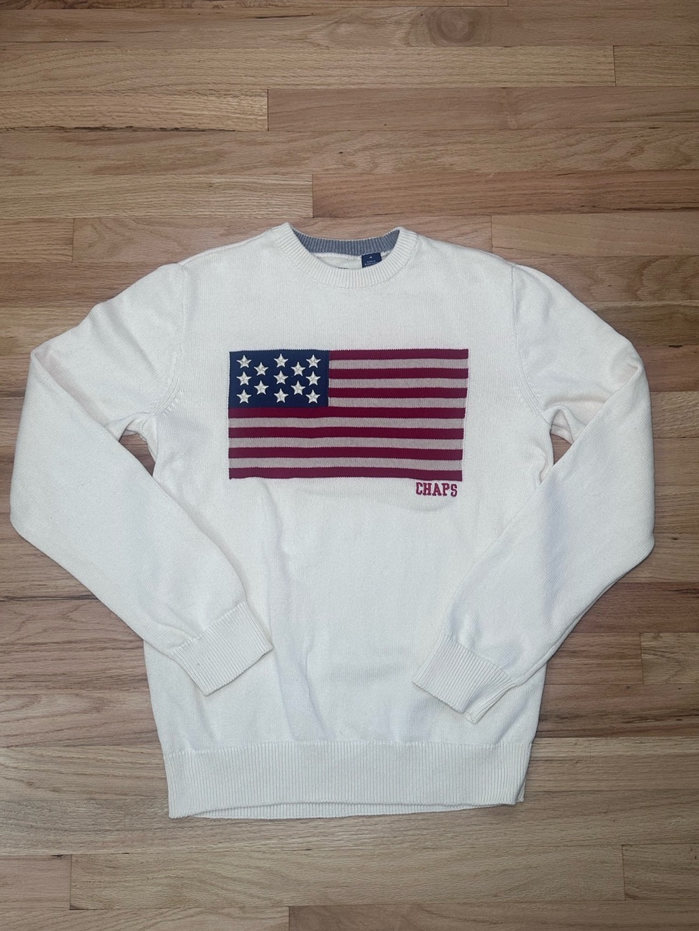 Americana Flag Knit Crewneck Chaps Sweater in Cream